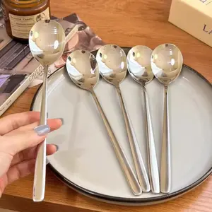 1-5Pcs Sendok Stainless Steel Korea Pegangan Panjang Datar Sendok Tebal Teh Kopi Nasi Sup Sendok Peralatan Makan Sendok Makan Malam Baja