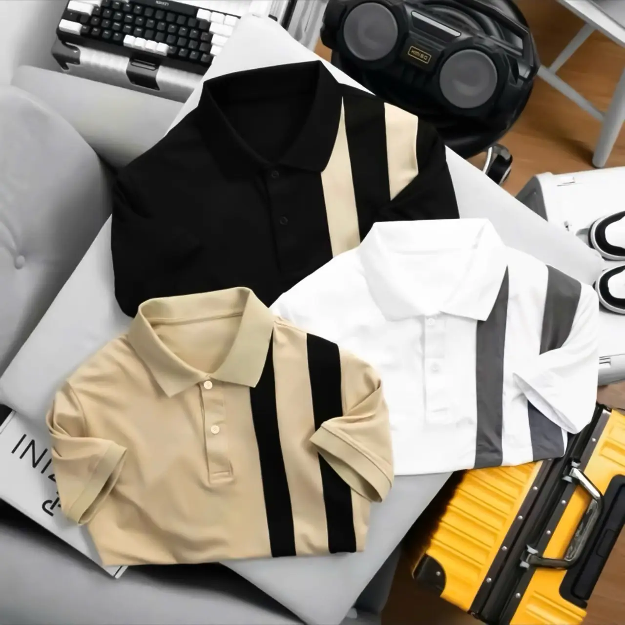 COMBO 3 ÁO POLO PHỐI 2 SỌC VẢI THUN CÁ SẤU POLY - 1