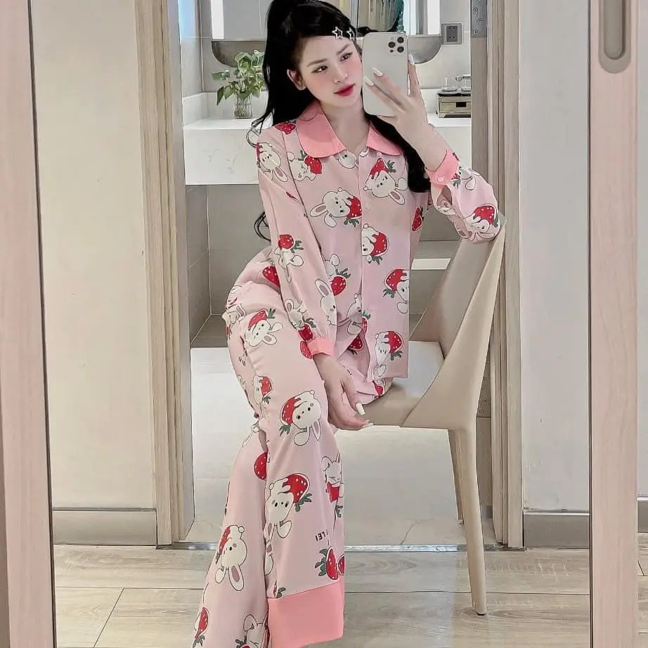 BỘ PYZAMA ÁO DÀI QUẦN DÀI THỎ DÂU HỒNG