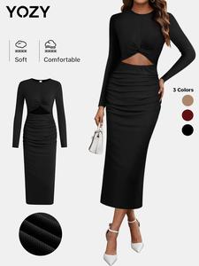 YOZY Women's Twist Ruched Cut Out Bodycon Dress, Solid Long Sleeve Round Neck Long Dress for Party Club Dating Wear, Women's Clothing for Fall & Winter