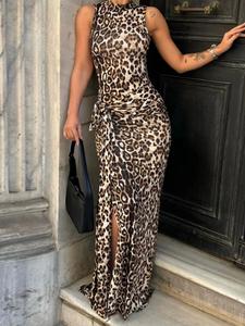 Women's Leopard Print Tie Front Split Thigh Bodycon Dress, Street Fashion Casual Mock Neck Sleeveless Maxi Dress for Party Club Wear, Women Dress for Summer