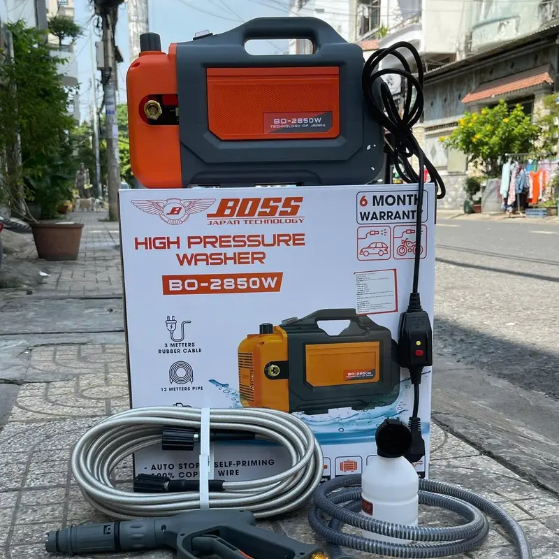 Máy rửa xe gia đình BOSS Model BO-2850W, công suất 2850W, áp mạnh 180 bar, mô tơ lõi đồng, chống giật 4