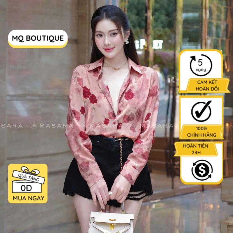 Sơ mi lụa hoa hồng thiết kế MQ Boutique họa tiết hoa hồng nhỏ nền hồng chất lỳ mát dáng cơ bản lụa Nhật
