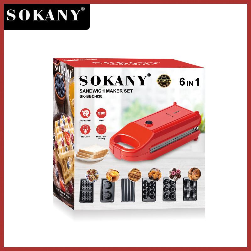 Máy làm bánh 6in1 SOKANY khuôn donut, bánh quế, bánh trứng, bánh tròn sokany 836 Máy Làm Sữa Pha Trà 6