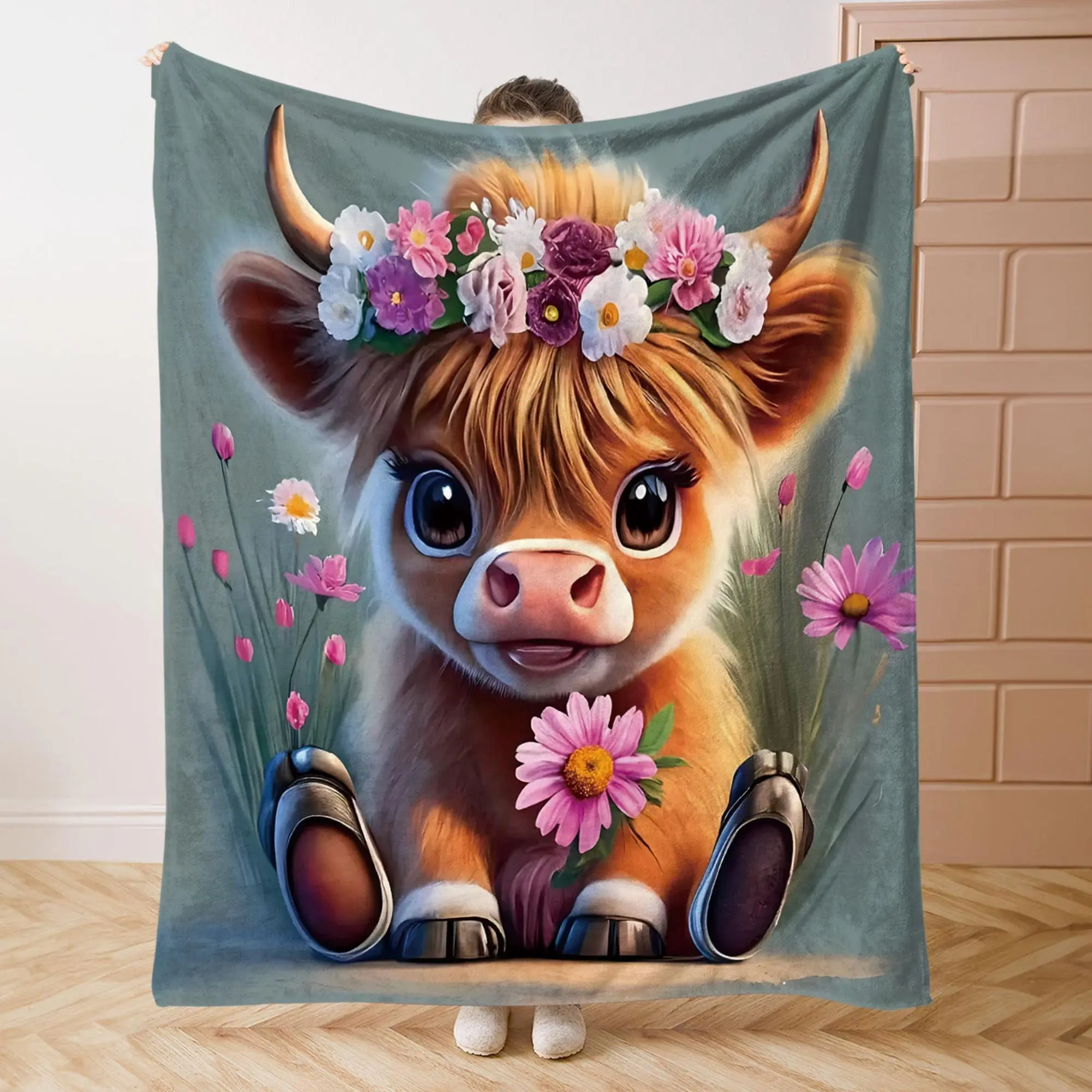 Cute Highland Cow Pattern Flannel Blanket, Soft Comfortable Throw Blanket, Cool Bedroom Bedding Blankets, Warm Napping Blanket for Home Office Camping