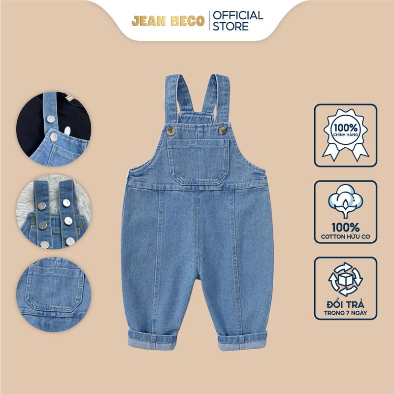 Quần yếm jeans hai dây JEANBECO yếm jean dáng dài cho bé gái bé trai màu xanh phối viền line form rộng QYD010