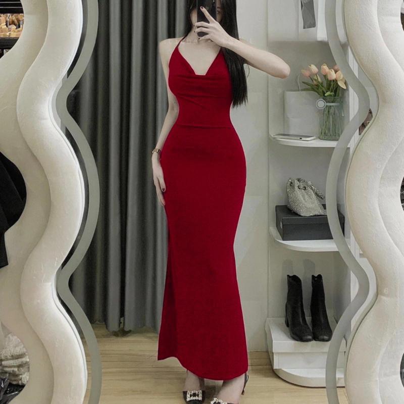  Đầm body 2 dây dáng dài cổ đổ chất thun Ladong nhập tôn dáng sang chảnh  OPL  Dress Women Nữ Đen Đỏ váy  đỏ  dài 