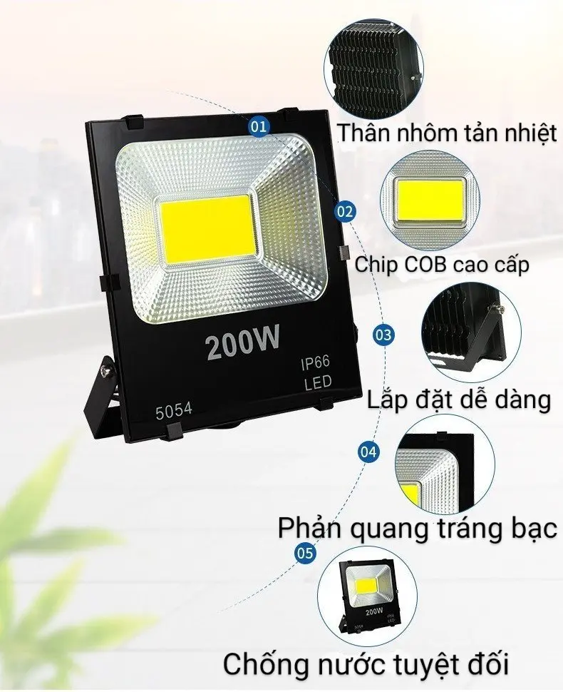 Đèn pha led cob 20w 30w 50w 100w 150w 200w, đèn siêu sáng ngoài trời chống nước
