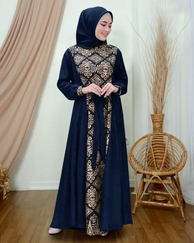SC Maxi Irwansyah Busana Muslim Wanita Kombinasi Batik 9w M L XL XXL gamis dress Kain Navy Panjang Cantik 6
