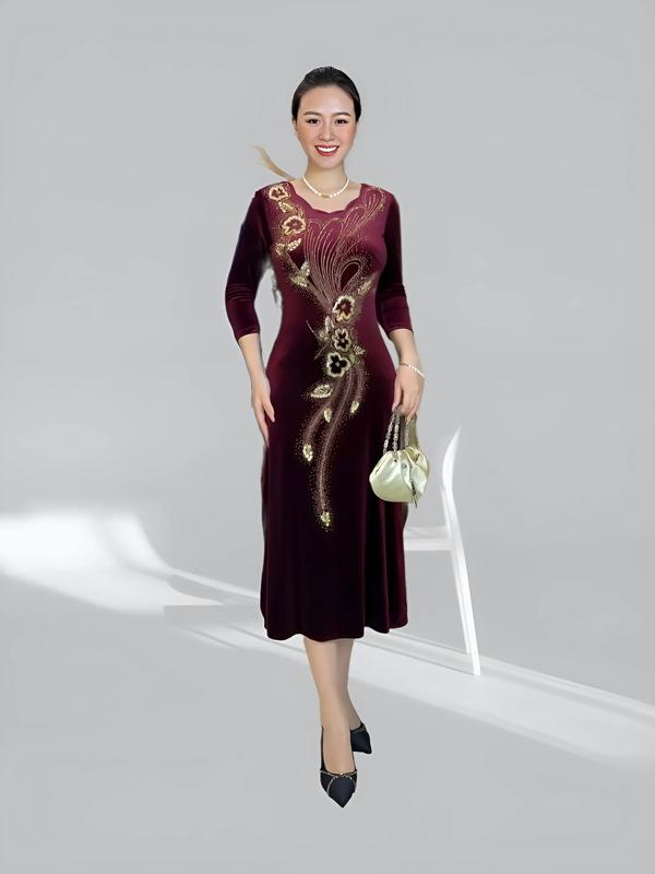 Đầm Trung Niên Dạ Hội H622 từ 45-80kg Chất Vải Nhung Ép Dá Đi Cườm Thủ Công Cổ Tim Đỏ Women Dress 