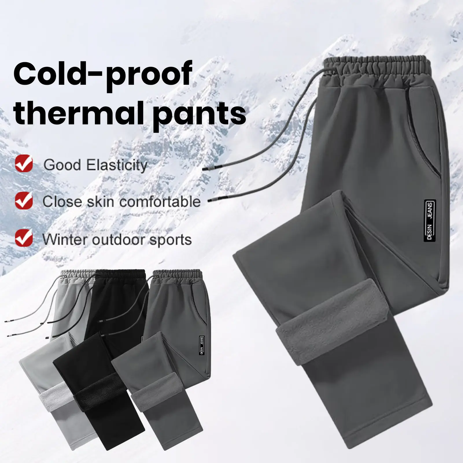 [Juanrry]Men Autumn Winter Solid Color Sweatpants Elastic Waist Drawstring Pockets Thickened Fleece Lining Sport Pants Streetwear