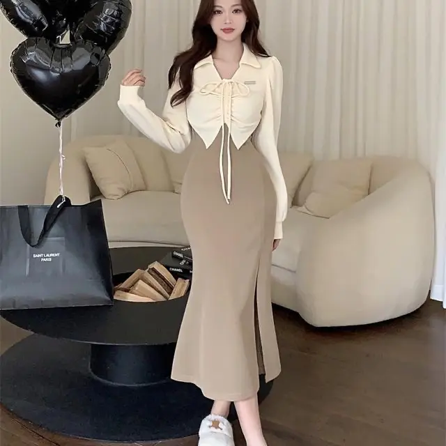 Dress Basic Simple Knit Lembut Premium Bahan Melar Lengan Panjang Gaun Casual Bodycon Slim Sexy Wanita  Baju Home Dress Nyaman M436 8