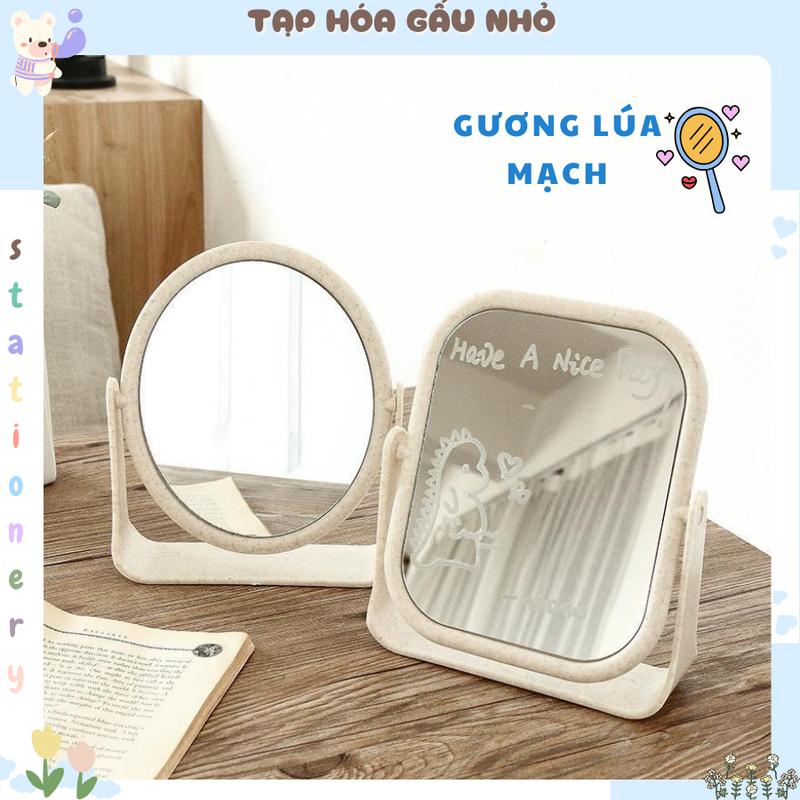 Gương trang điểm lúa mạch 2 mặt xoay 360 độ để bàn siêu đẹp taphogaunho Cosmetic Mỹ Phẩm Nữ