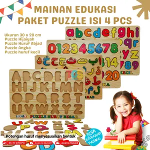 Paket Puzzel Isi 4 Mainan Edukasi Anak Puzzle Huruf Angka Hijaiyah Huruf Kecil Kayu Edukatif montesori sensori motorik jigsaw TK PAUD games toys murah terbaru viral laki-laki perempuan set hadiah pendidikan 3 tahun Bayi Cewek Cowok Belajar Hadiah