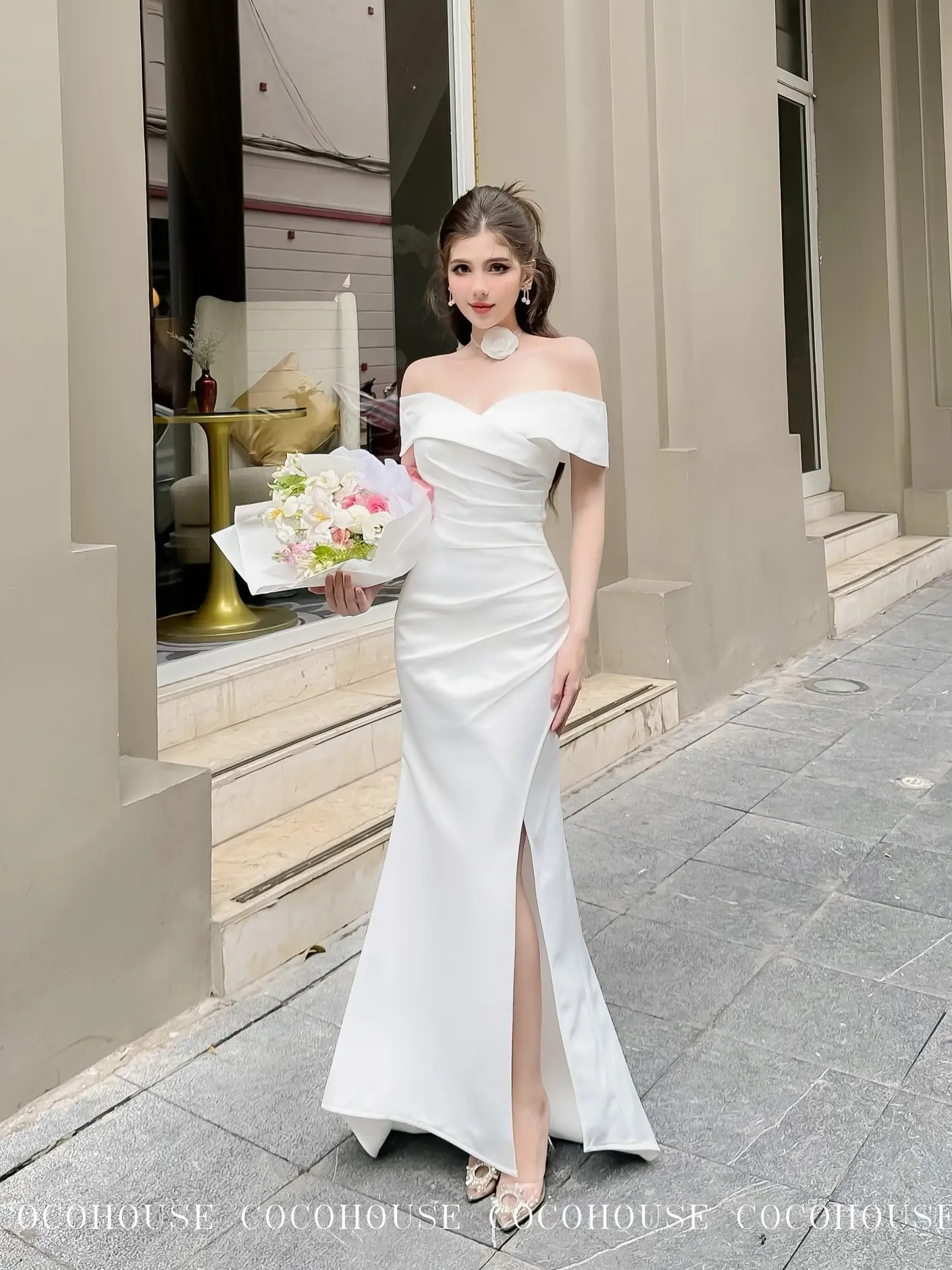 Váy đi bàn & Đi Tiệc trễ vai -  Coco House Váy cưới Nữ Kem