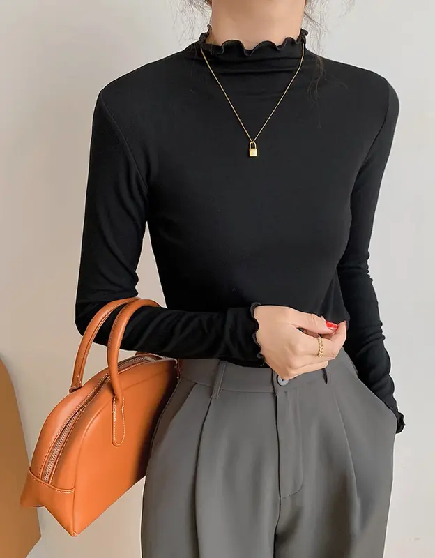 [SIZE XS-2XL] Ms145 Áo thun nữ cao cổ tròn giữ nhiệt BIGSIZE viền sóng Women Top 3