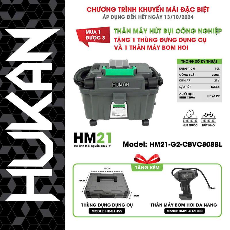 Máy Hút Bụi Công Nghiệp Chạy Pin Hukan - G2 - CBV 808BL Lực Hút 16.000PA Tặng Ngay Hộp Dụng Cụ Và Thân Bơm Lốp Hukan Làm Sạch