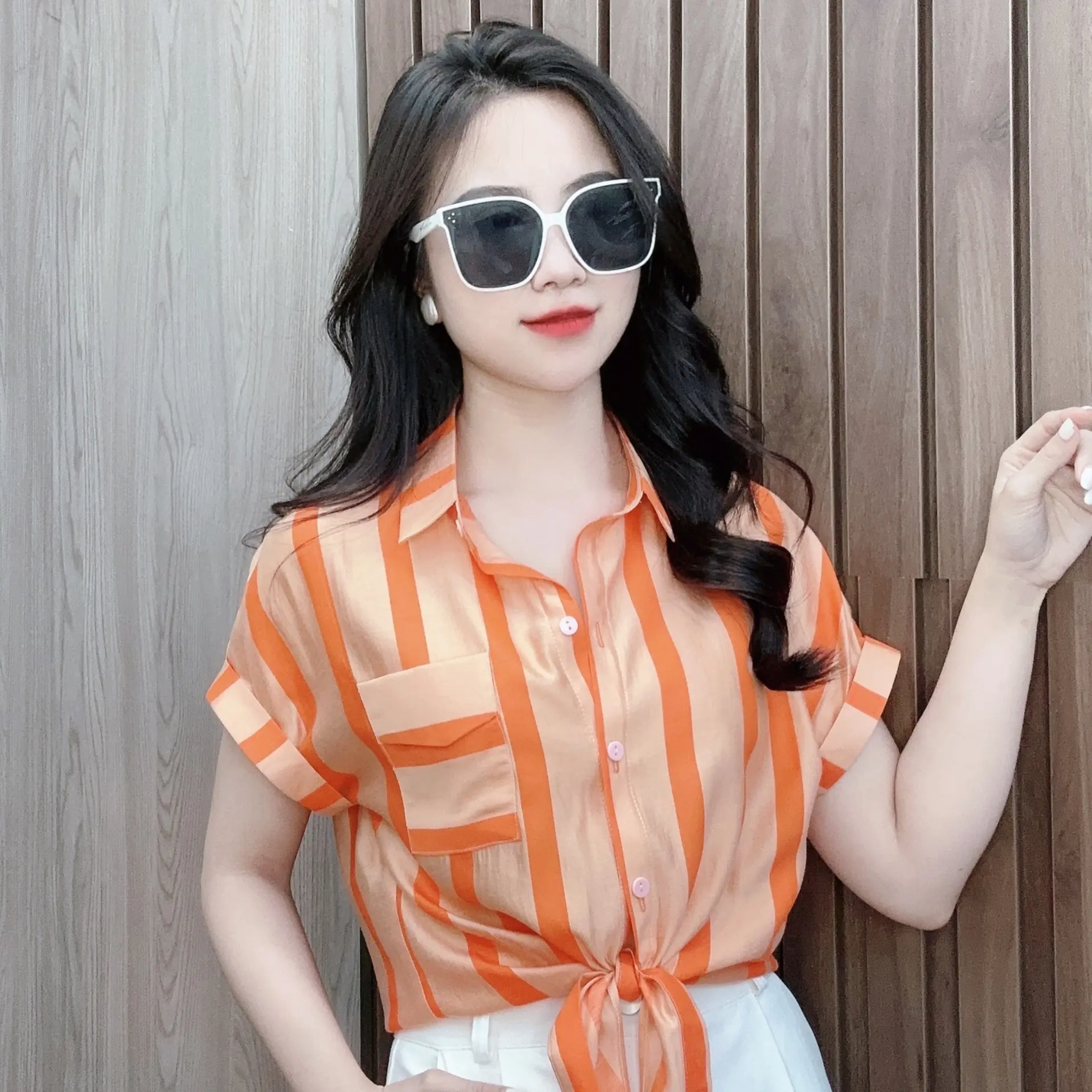 Sơ mi kẻ buộc nơ vải tơ cao cấp Evalover