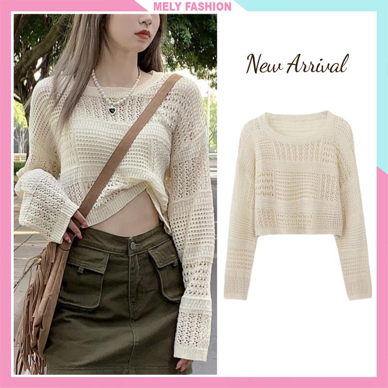 Áo len lưới nữ sweater mongtoghi dài tay cổ tròn form rộng dệt kim phong cách hàn quốc sang chảnh Mely Fashion Nữ Top AL17 Women