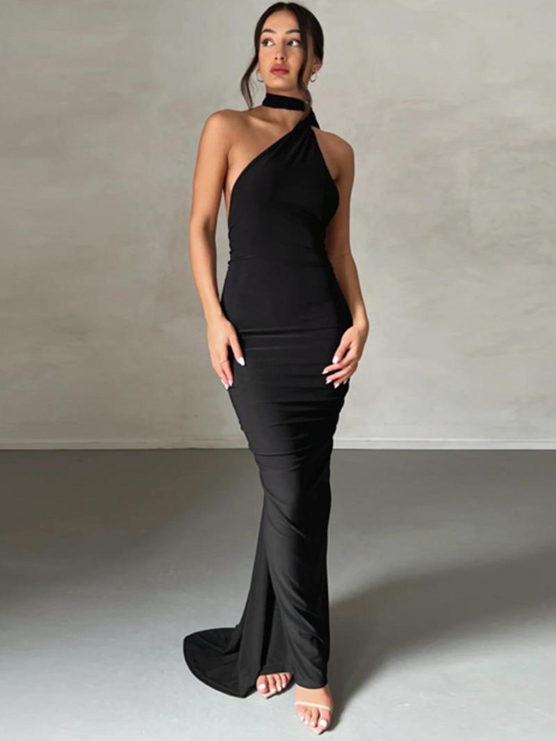 Product Introduction of Women's Plain Ruched O-ring Backless Halter Neck Bodycon Dress, Party Dresses for Women, Summer Clothes Women, Elegant Maxi Dress for Evening Party Club, Ladies Summer Clothes, Homecoming Dresses 6