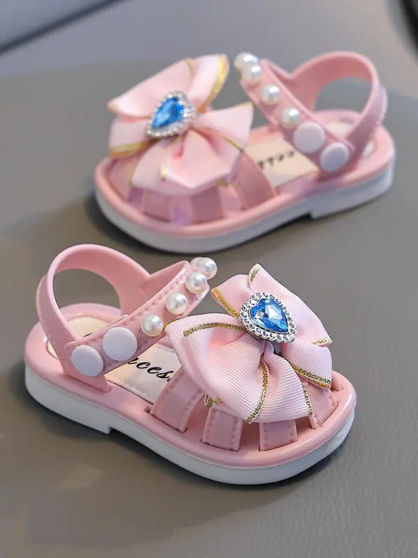 Baby Girl's Elegant Heart Decorated Bow Design Sandals, Cute Comfortable Princess Shoes for Daily Wear, Fashionable Shoes for Toddlers 2