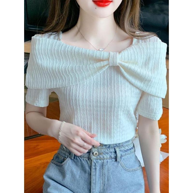 Áo Mùa Hè Cho Nữ, Thiết Kế Thắt Nơ Trễ Vai, Áo Voan, Sang Trọng Và Thanh Lịch, Áo Sơ Mi Ngắn Tay, Thiết Kế Đẹp, Cỡ Nhỏ 1