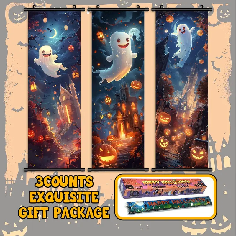 Halloween Hanging Banner, 3 Counts/set Cartoon Ghost Pattern Wall Art with Gift Box, Cute & Funny Ghost Poster, Halloween Decoration, Halloween Gift 2