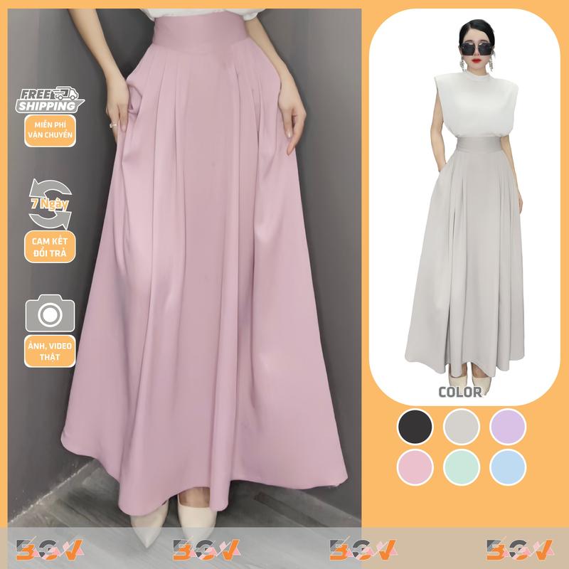 BGV_ Chân váy xếp ly xòe, dài 96cm, khóa kéo sườn, có túi 2 bên vải TRƯỢT HÀN mịn mát rũ form đẹp phù hợp mặc đi chơi, đi làm, đi tiệc, hội nghị sang trọng,  đi du lịch biển... chân  váy Nữ Women Voan Tim Kem