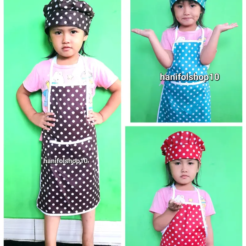 Celmek Apron Anak SD TK Polkadot Viral Plus Topi Chef Senada 1 set Celmek Dapur Anak Celemek viral dengan kantong polcadot hitam 2