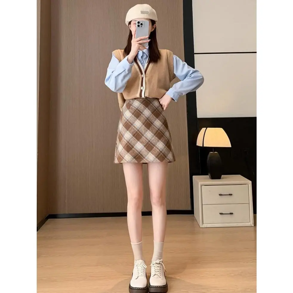 Chân Váy Len, Họa Tiết Kẻ Sọc Cổ Điển Dành Cho Nữ, Phong Cách Hàn Quốc, Mùa Thu, Cạp Cao, Dáng Chữ A Ôm Sát, Chân Váy Bodycon, Hàng Mới Về 2024, Ngoại Cỡ Women Women