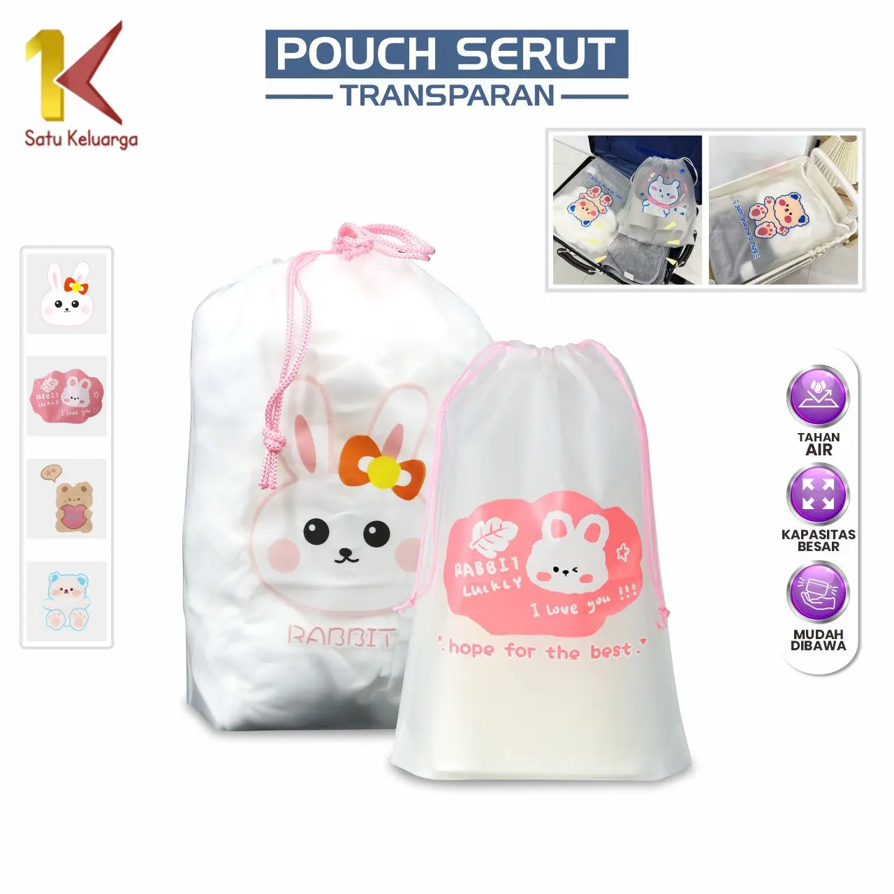 [COD] SK C979 Travel Pouch Serut Transparan Motif Karakter Bear Tempat Penyimpanan Serbaguna