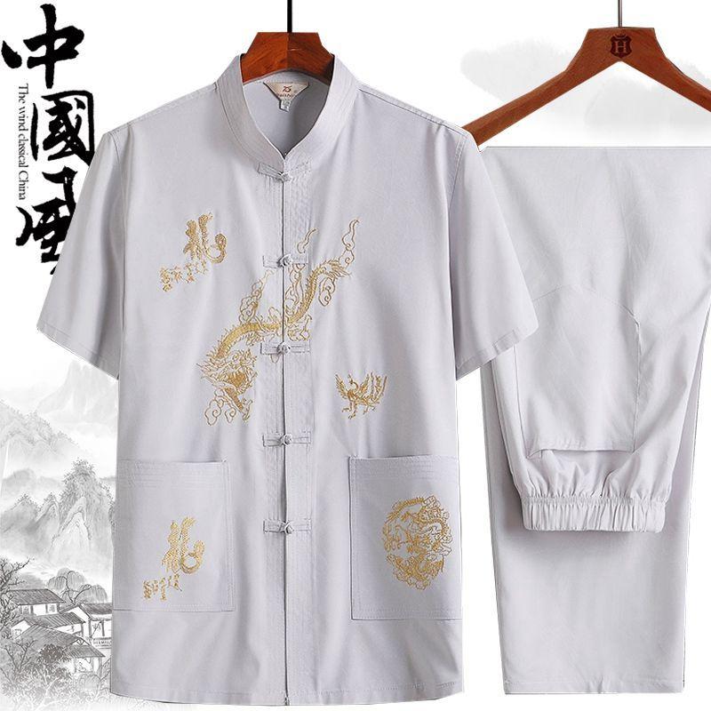 Bộ Đồ Mùa Xuân Và Mùa Hè Cho Người Trung Niên Và Cao Tuổi, Bộ Đồ Tang Cho Nam, Áo Sơ Mi Dài Tay Thêu Cho Bố, Quần Áo Tập Thể Dục Buổi Sáng Cỡ Lớn, Bộ Đồ Ông Nội Mùa Thu, Hanfu Menswear Polo