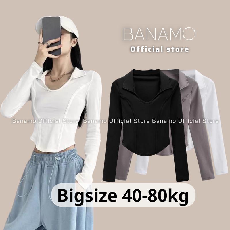 Áo nữ BIGSIZE Banamo Fashion áo croptop dài tay dáng ôm cổ bẻ 312 Women Shirt Cổ Tròn Sơ Mi