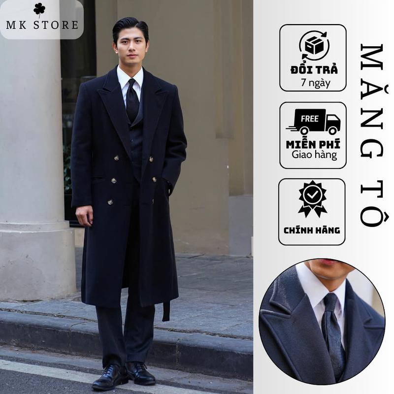 Áo Khoác Măng Tô Jacket Menswear Nam Dáng Dài Có Dây Thắt Eo Phong Cách Hàn Quốc Thời Thượng Chất Dạ Ép Pha Lông Cừu