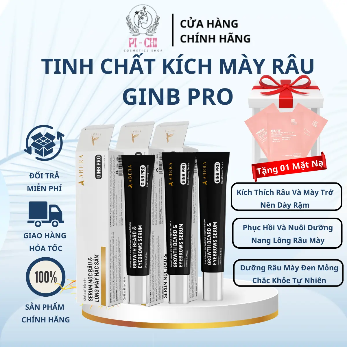ComBo 3 Hộp Serum Kích Mọc Mày & Râu Abera GinB Pro trở nên Dày Rậm chắc khỏe.