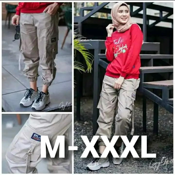 HTM - Celana cargo Wanita Bahan Twill Combed Melar Adem  bb 40-90 kg