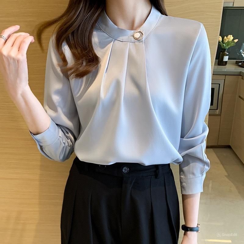 Áo Trung Niên Nữ U30 U40 U50 Cổ Tàu Xếp Li Đính Cúc Kiểu Dáng Sơ Mi_ Thời Trang Công Sở 0