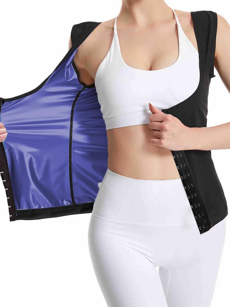 Product Introduction of Women's Solid/Camo Buckle Front Sauna Vest, Casual Sporty Tummy Control Sleeveless Tank Top for Running Training, Ladies Sauna Suit for All Seasons 3
