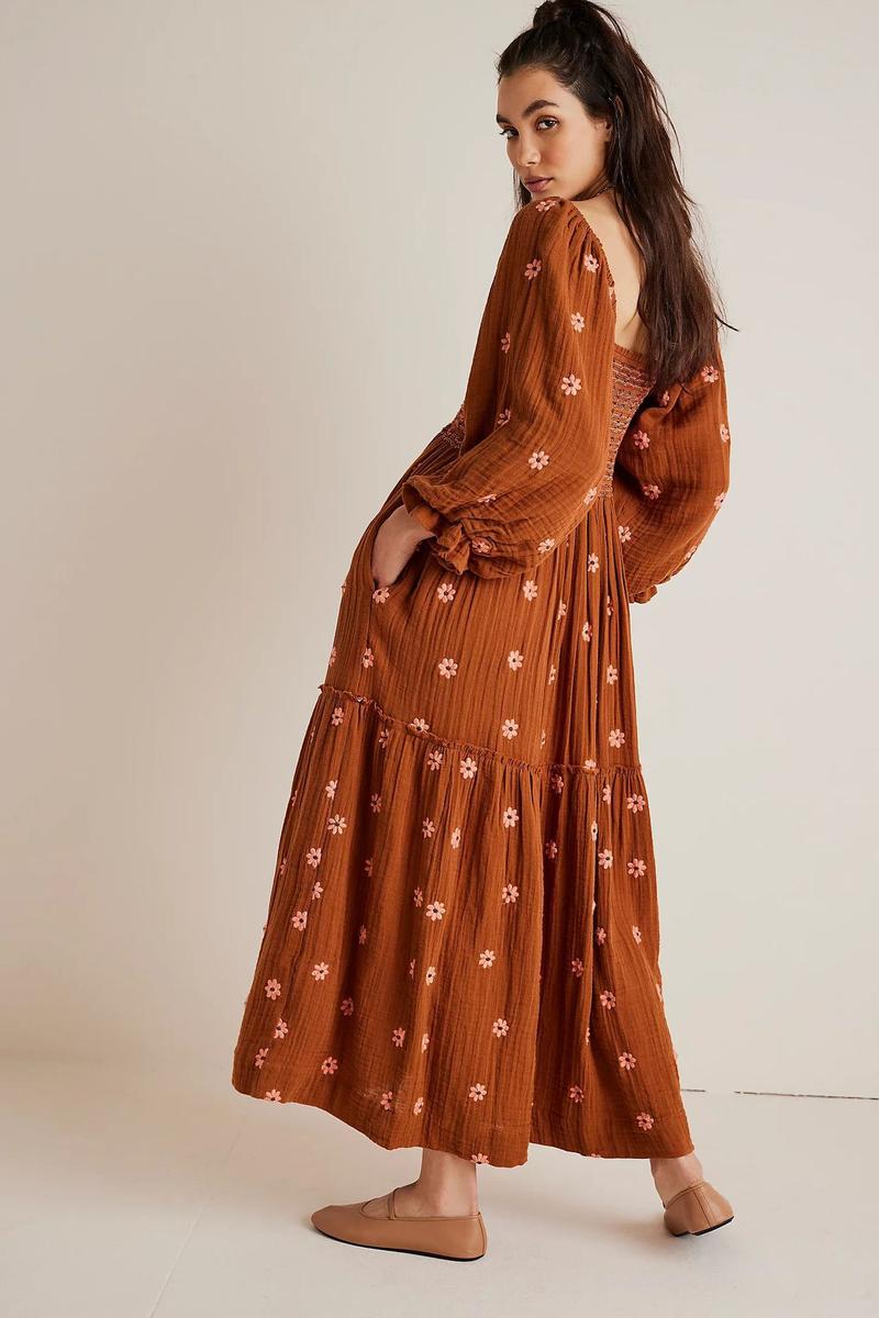 Product Introduction of Women's Floral Embroidery Frill Trim Shirred Flounce Sleeve Dress, Boho Fashion Long Sleeve Square Neck A Line Dress for Daily Holiday Vacation Wear, Ladies Dress for All Seasons, Dresses for Women, Spring Dress Casual Womenswear jaded london  dress 12
