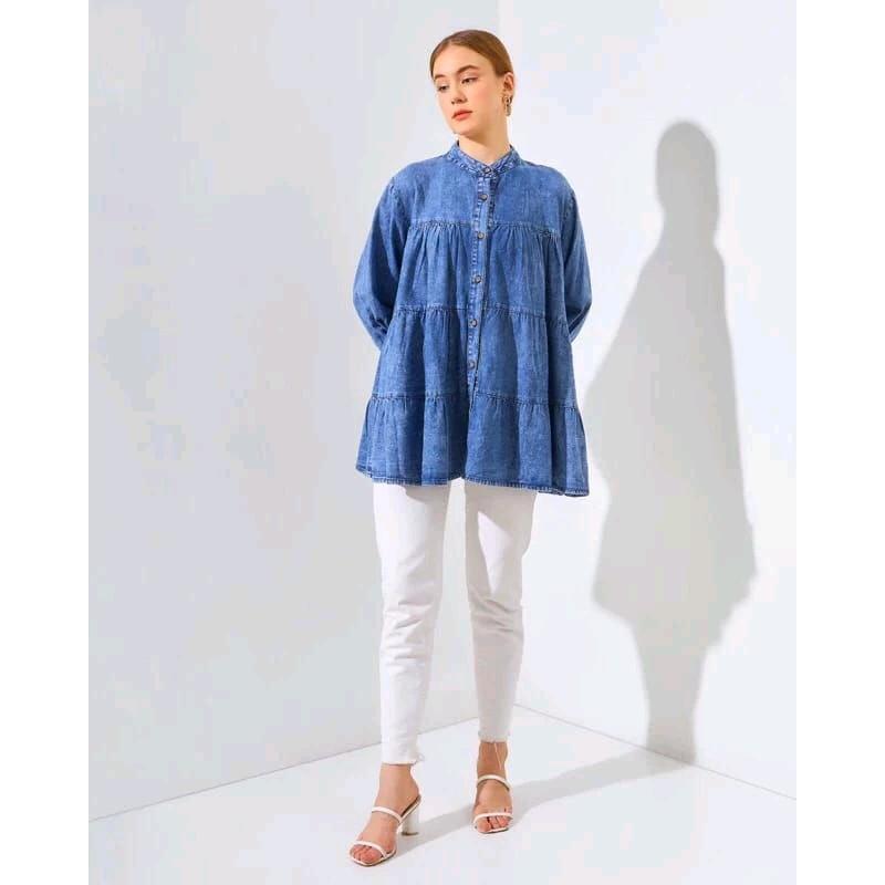 Atasan Kemeja Jeans Babydoll Susun // Kemeja Wanita Babydoll Oversize Kekinian 1