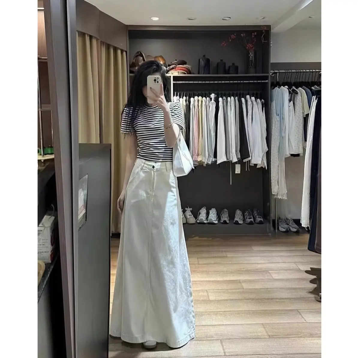 (S-XL) Chân váy vải Jean dày dặn cơ bản from dài 92cm CV1021 thông thường giặt bằng nước lạnh