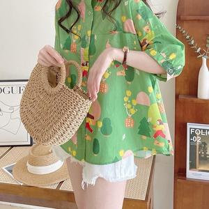 เสื้อเชิ้ตแขนสั้น คอตุ๊กตา ทรงหลวม ขนาดเล็ก แต่งกระเป๋า สไตล์เกาหลี แฟชั่นฤดูร้อน สําหรับผู้หญิง