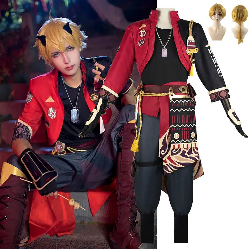Trang Phục Hóa Trang Thoma, Trò Chơi Anime Genshin Impact, Trang Phục Áo Khoác Đỏ Và Tóc Giả