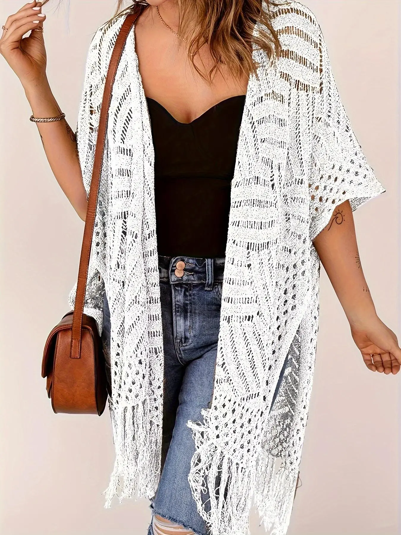 【Plus Size】 Women's Solid Fringe Trim Open Front Cardigan, Casual Half Sleeve Knitwear for Daily Wear, Ladies Clothes for All Seasons, Tops
