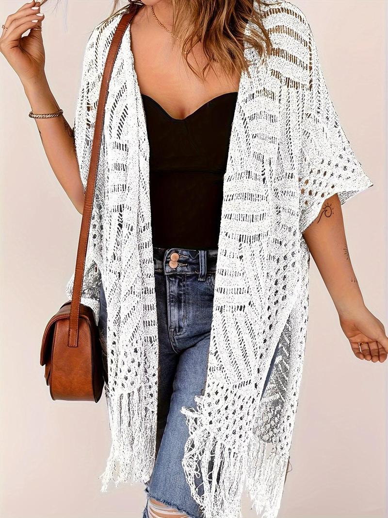 Product Introduction of 【Plus Size】 Women's Solid Fringe Trim Open Front Cardigan, Casual Half Sleeve Knitwear for Daily Wear, Ladies Clothes for All Seasons, Tops 1
