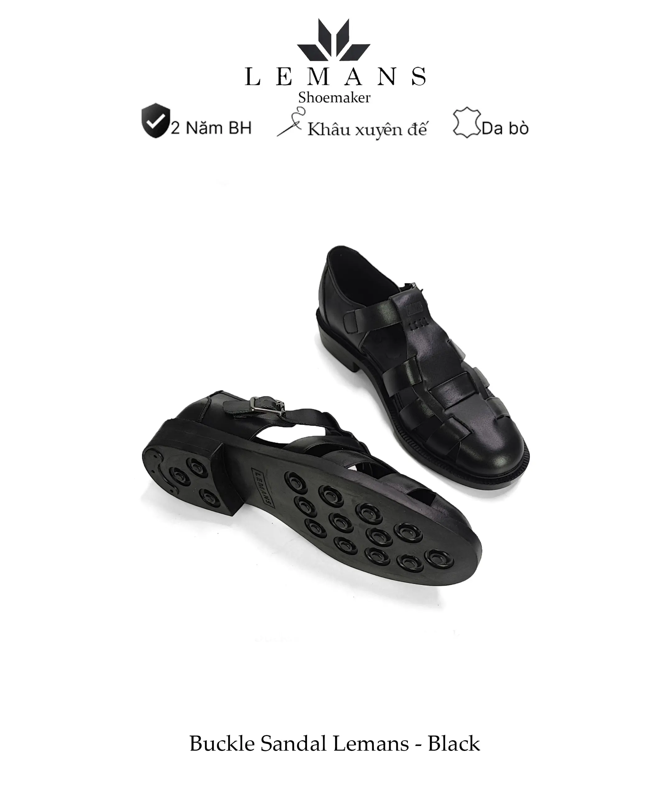 Buckle Sandal Lemans - Black - Dép rọ Da bò - đế Mckay cao 2.2cm bảo hành chính hãng 24 tháng