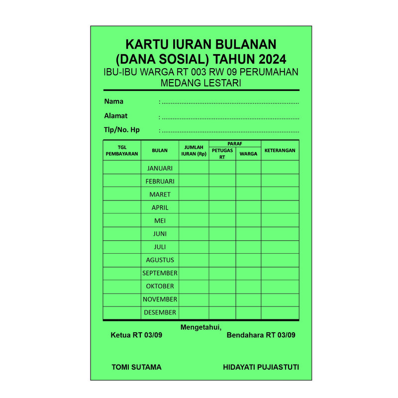 Kartu Iuran SPP / Iuran Warga / Kartu Iuran Infaq Isi 50 lembar 2