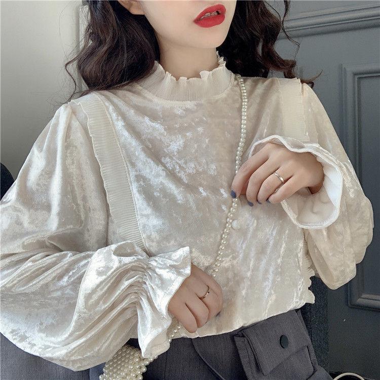 Product Introduction of Áo Sơ Mi Nhung, Ngọt Ngào Và Thanh Lịch, Chắp Vá Selvedge Dây Cổ Đứng, Hàng Mới Về Mùa Thu Cho Nữ, Tay Phồng Trẻ Trung, Áo Dài Tay 16
