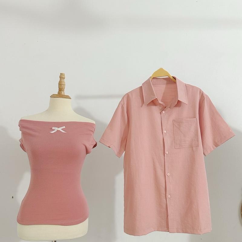 (S - 12) Set đồ đôi nam nữ couple áo trễ vai chất zip + áo nam chất đũi dày dặn thấm mồ hôi Women Đen aocap namnu cặp Voi Nhung