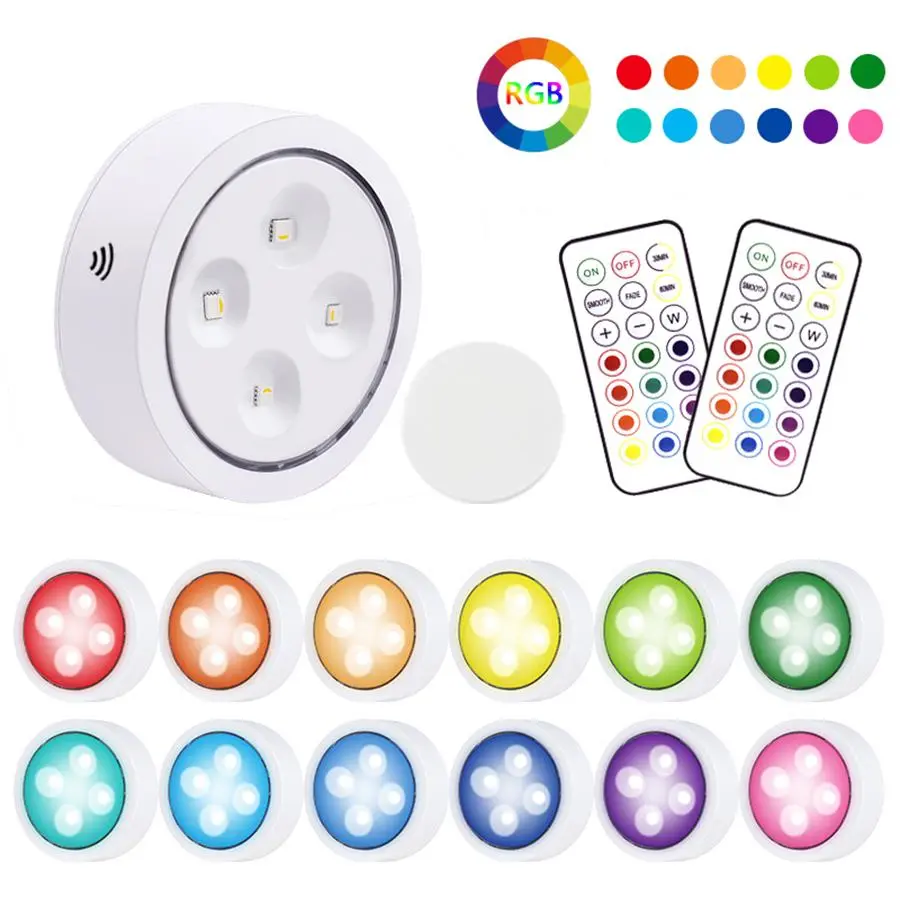 RGB LED Puck Light with 13 Colors Modes, Wireless Remote Control Under Kitchen Cabinet Light, Bedside Ambient Light with Timing Function